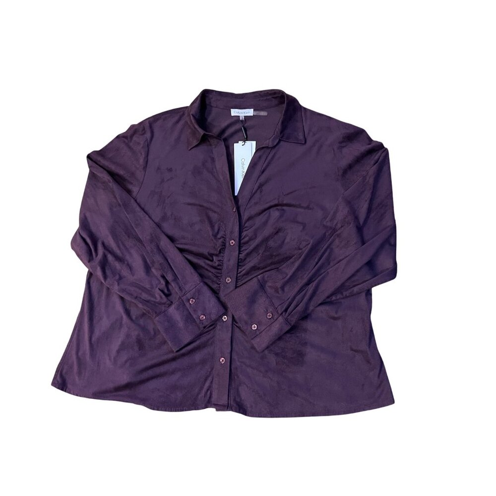 Calvin Klein Womens 1X Plum Aubergine Blouse Ruched Front Micro Suede New - Picture 15 of 16